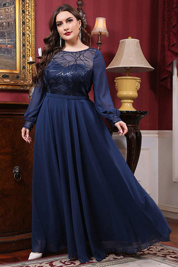 Navy Chiffon A line Long Sleeve Mother of the Bride Dress
